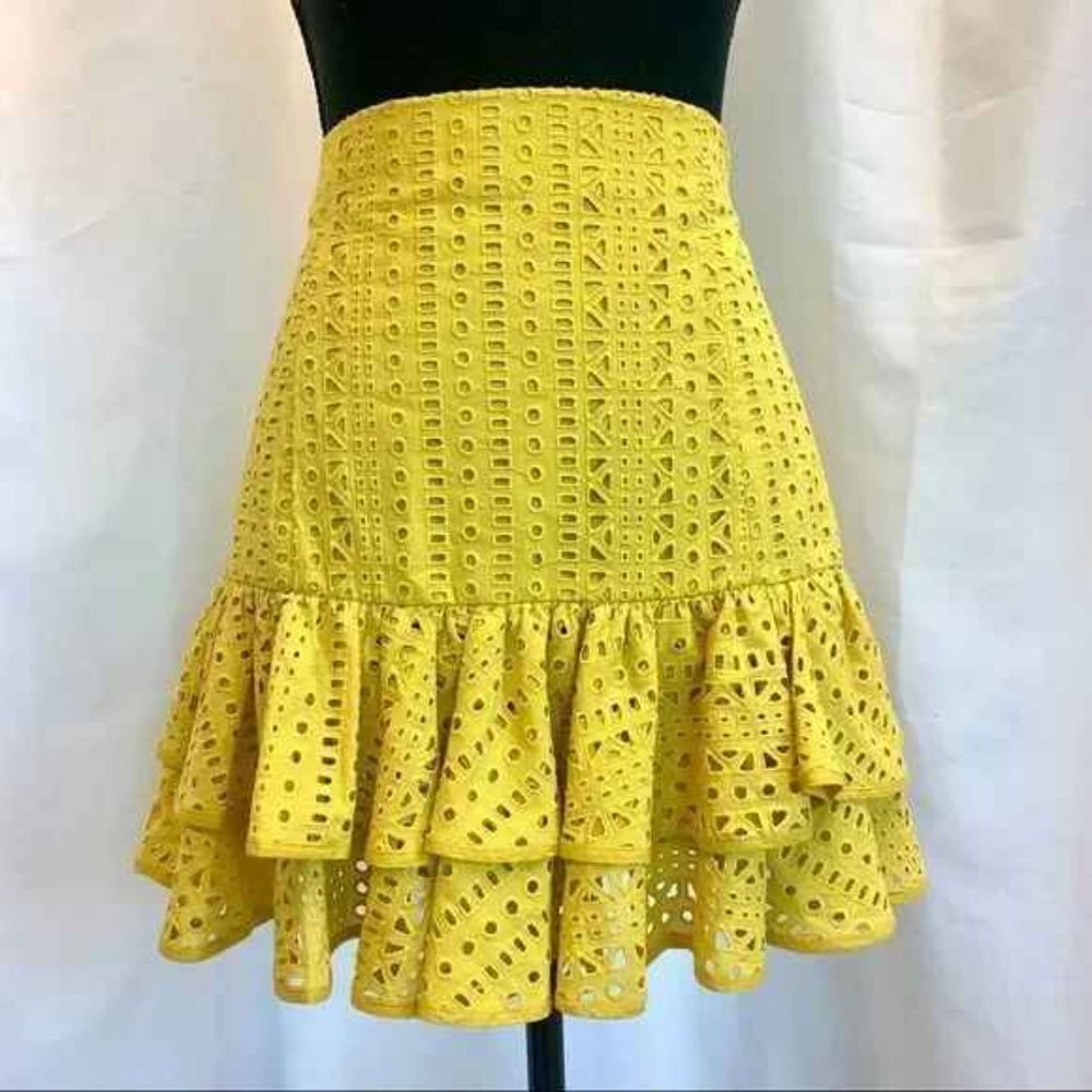 ZARA Yellow Ruffle Skirt High Waist Cut Out Embroidered Summer Size S - Picture 5 of 12